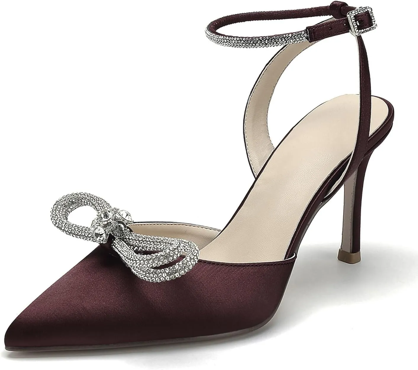 Pointed Toe Satin White Wedding High Heels Rhinestone Ankle Strap Dress Shoes Pumps for Bride