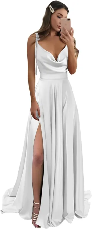 POMUYOO Spaghetti Straps Satin Bridesmaid Dresses for Women Cowl Neck Long A-Line Formal Gowns with Pockets