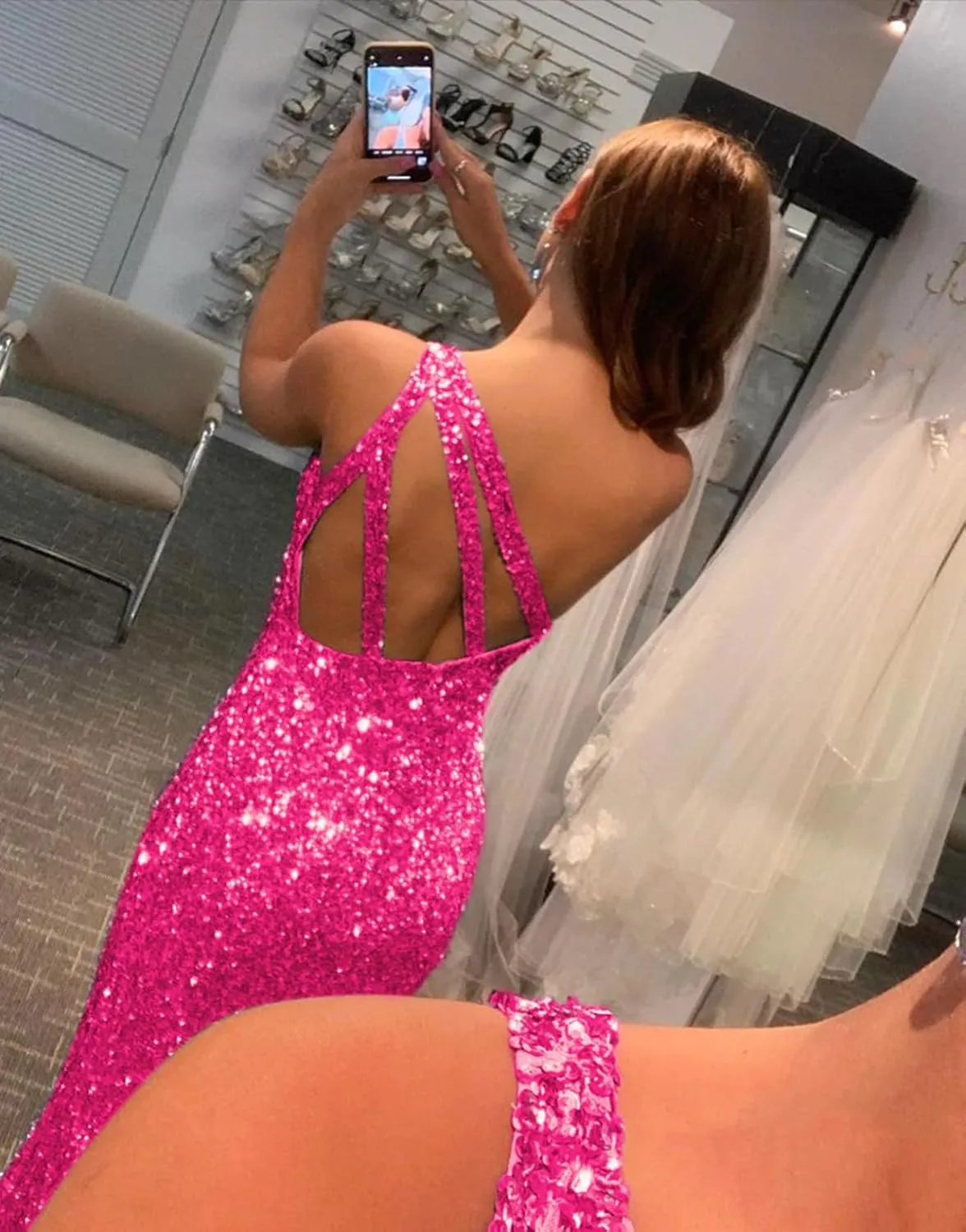 POMUYOO Women's Mermaid Glitter Prom Dresses with Slit Long One Shoulder Backless Sequin Formal Evening Gown