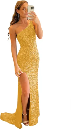 POMUYOO Women's Mermaid Glitter Prom Dresses with Slit Long One Shoulder Backless Sequin Formal Evening Gown