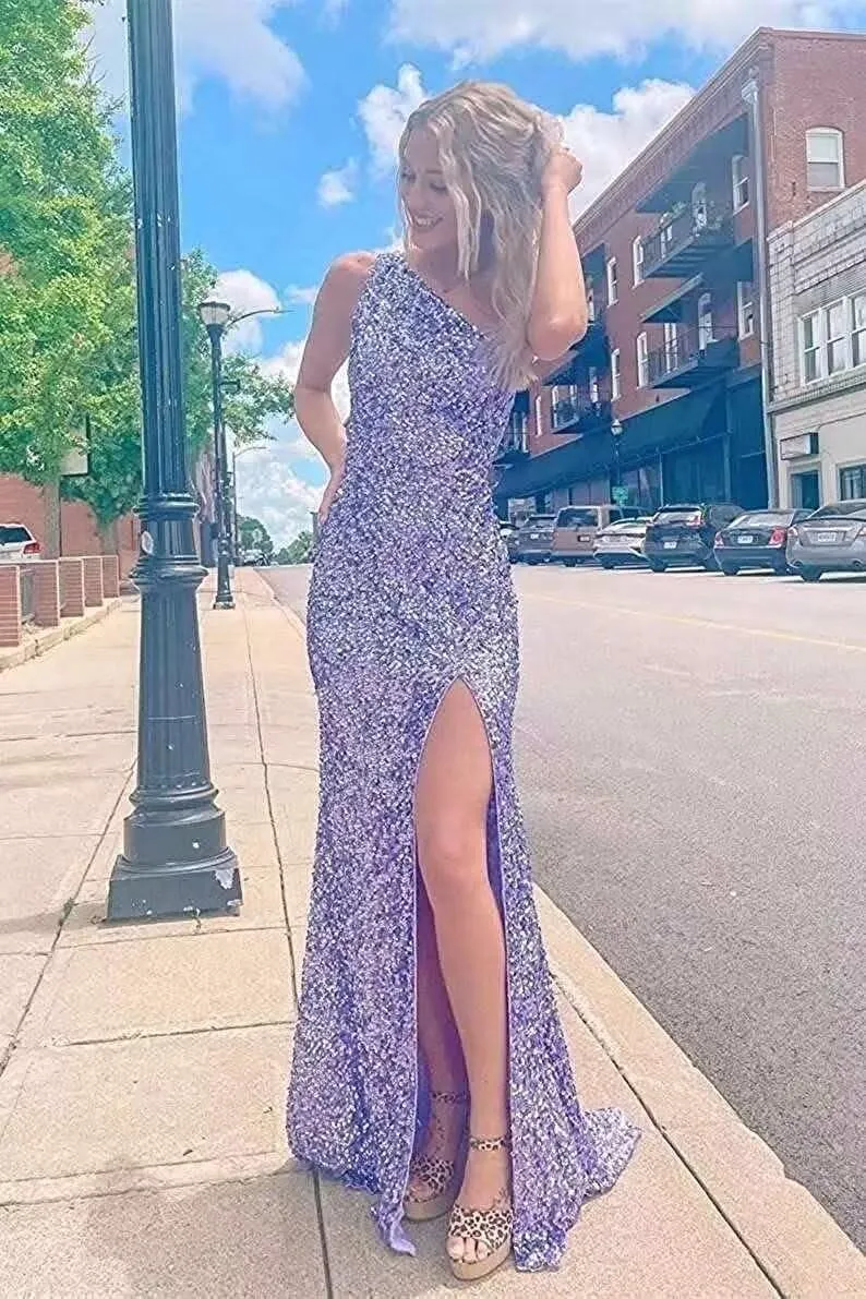 POMUYOO Women's Mermaid Glitter Prom Dresses with Slit Long One Shoulder Backless Sequin Formal Evening Gown