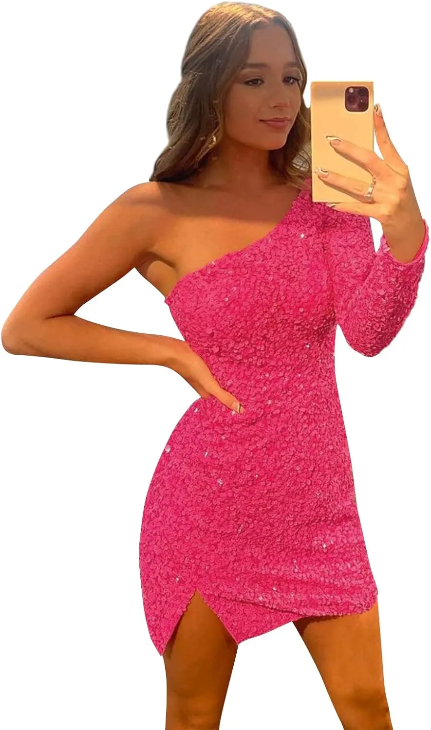 POMUYOO Women's One Shoulder Homecoming Dresses for Teens 2025 Sparkly Short Long Sleeve Sequin Cocktial Gown