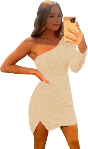 POMUYOO Women's One Shoulder Homecoming Dresses for Teens 2025 Sparkly Short Long Sleeve Sequin Cocktial Gown