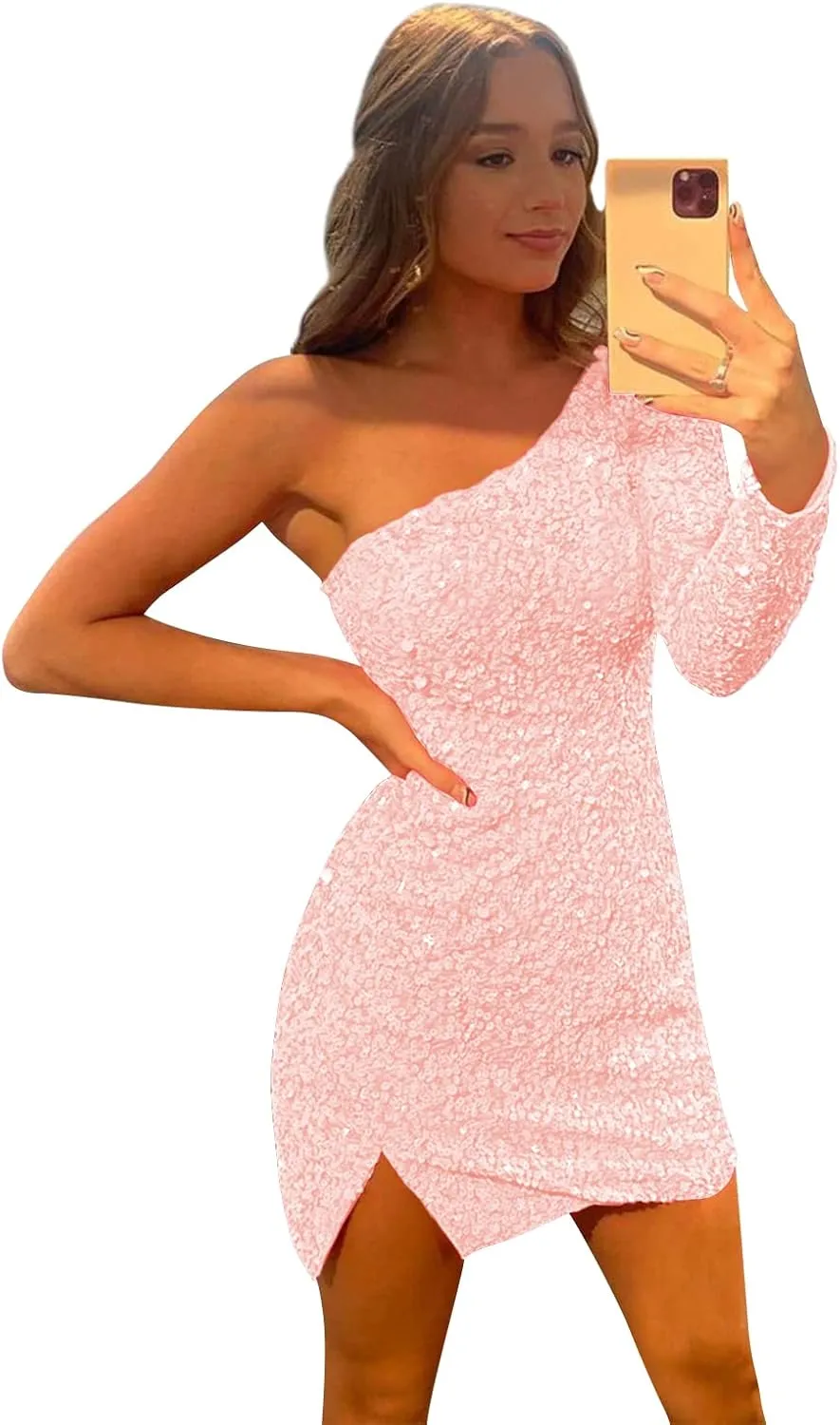 POMUYOO Women's One Shoulder Homecoming Dresses for Teens 2025 Sparkly Short Long Sleeve Sequin Cocktial Gown