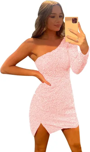 POMUYOO Women's One Shoulder Homecoming Dresses for Teens 2025 Sparkly Short Long Sleeve Sequin Cocktial Gown