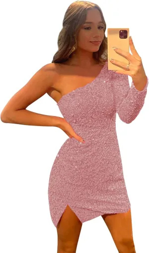 POMUYOO Women's One Shoulder Homecoming Dresses for Teens 2025 Sparkly Short Long Sleeve Sequin Cocktial Gown