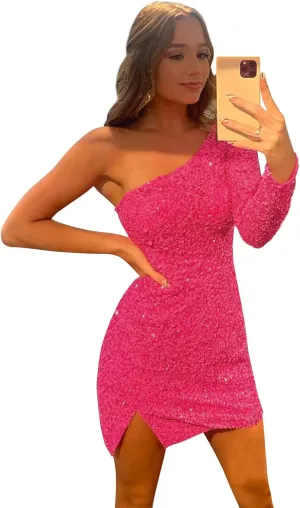 POMUYOO Women's One Shoulder Homecoming Dresses for Teens 2025 Sparkly Short Long Sleeve Sequin Cocktial Gown