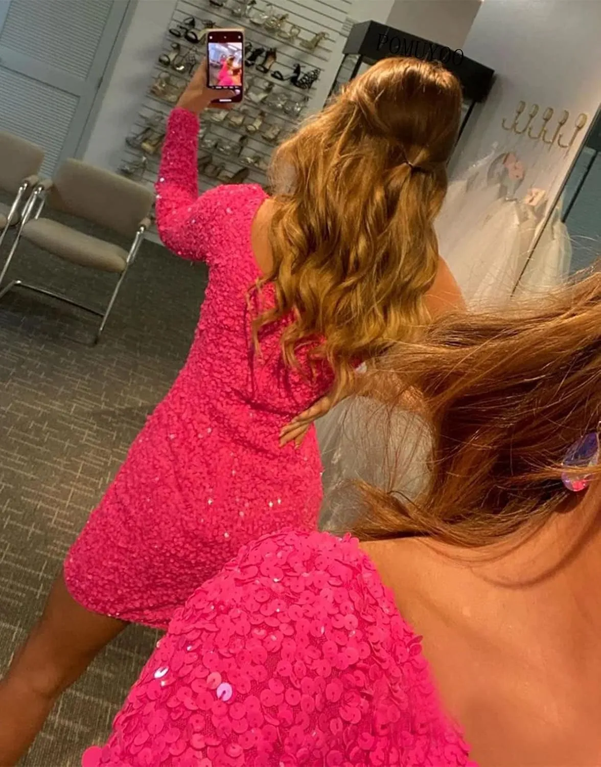 POMUYOO Women's One Shoulder Homecoming Dresses for Teens 2025 Sparkly Short Long Sleeve Sequin Cocktial Gown