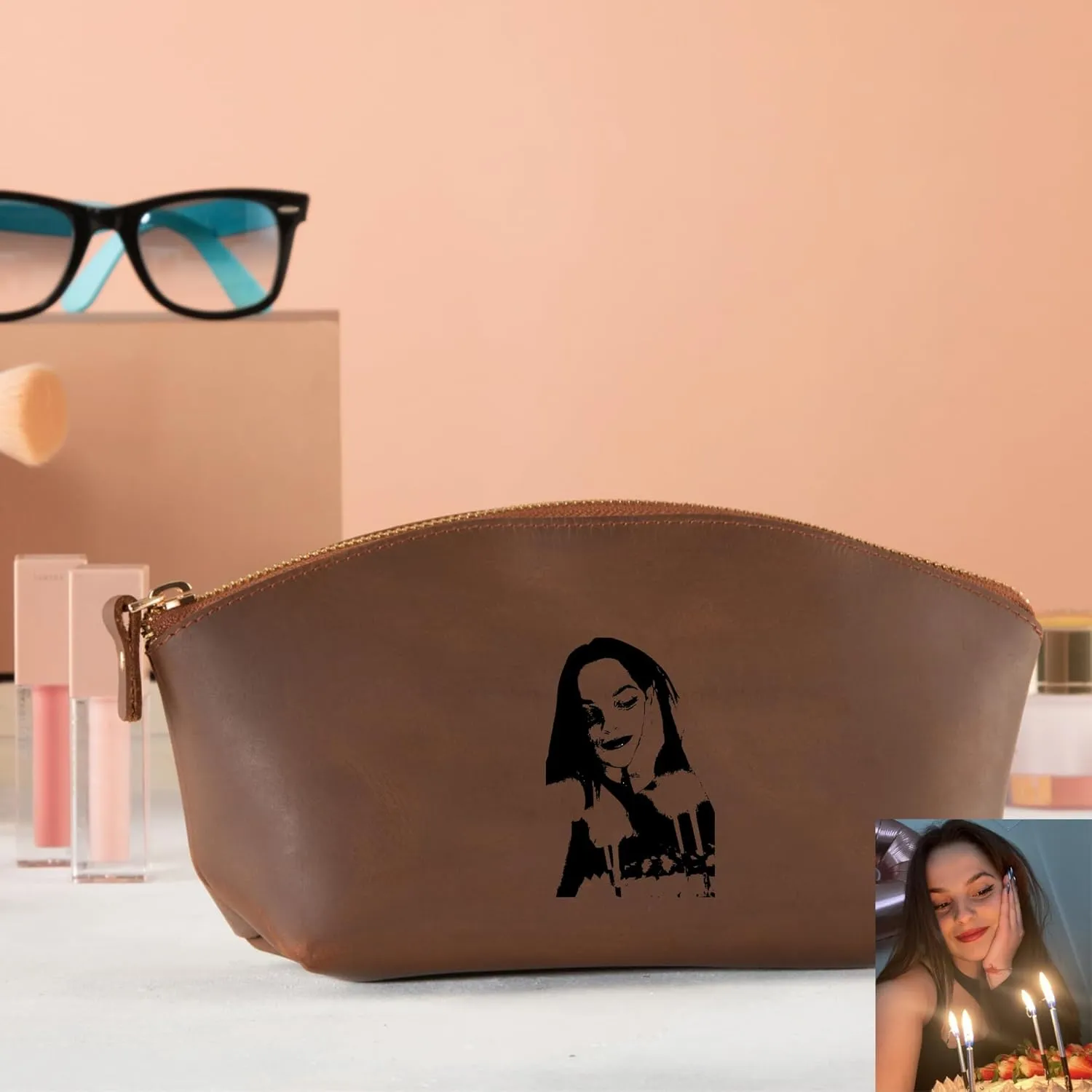 Premium Personalized Genuine Leather Cosmetic Makeup Bag - Wedding Gift for Bridesmaid, Travel Organizer Clutch for Women with Zipper Pouch for Toiletry Essentials (Hazelnut)
