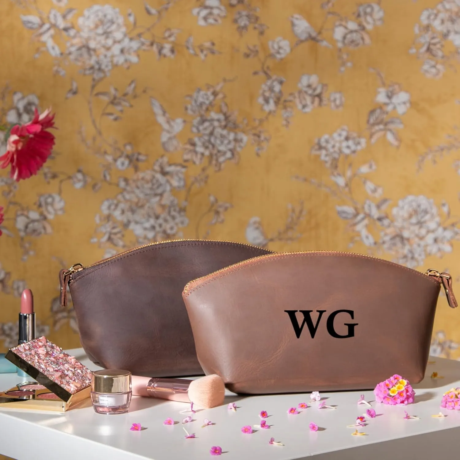 Premium Personalized Genuine Leather Cosmetic Makeup Bag - Wedding Gift for Bridesmaid, Travel Organizer Clutch for Women with Zipper Pouch for Toiletry Essentials (Hazelnut)