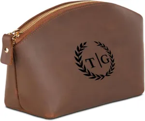 Premium Personalized Genuine Leather Cosmetic Makeup Bag - Wedding Gift for Bridesmaid, Travel Organizer Clutch for Women with Zipper Pouch for Toiletry Essentials (Hazelnut)