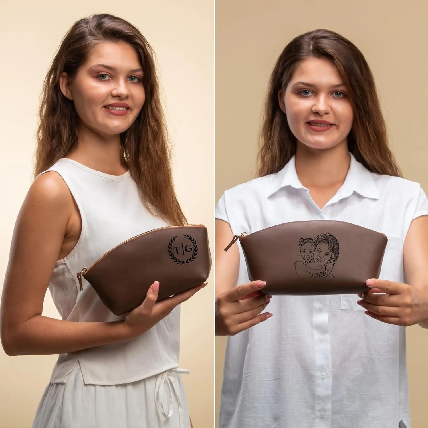 Premium Personalized Genuine Leather Cosmetic Makeup Bag - Wedding Gift for Bridesmaid, Travel Organizer Clutch for Women with Zipper Pouch for Toiletry Essentials (Hazelnut)