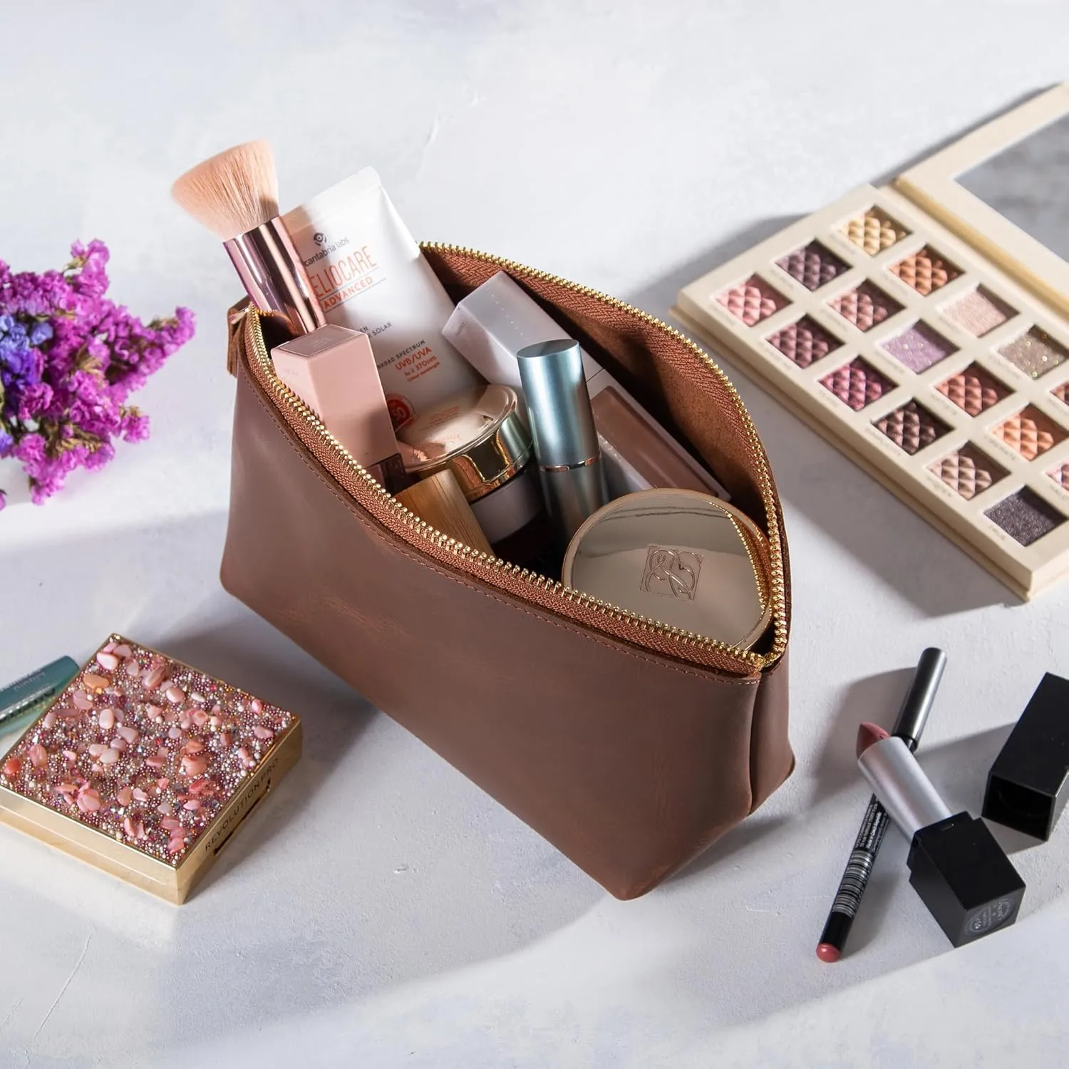 Premium Personalized Genuine Leather Cosmetic Makeup Bag - Wedding Gift for Bridesmaid, Travel Organizer Clutch for Women with Zipper Pouch for Toiletry Essentials (Hazelnut)