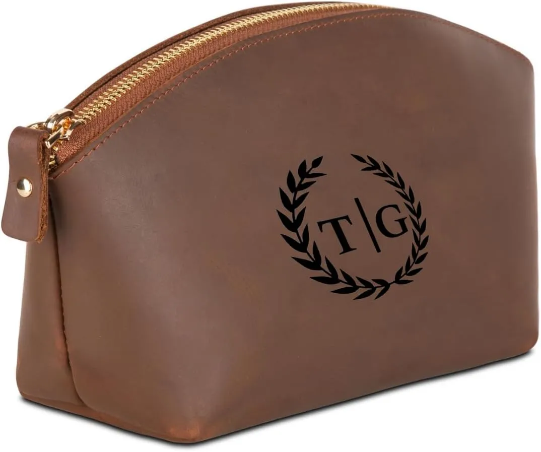 Premium Personalized Genuine Leather Cosmetic Makeup Bag - Wedding Gift for Bridesmaid, Travel Organizer Clutch for Women with Zipper Pouch for Toiletry Essentials (Hazelnut)