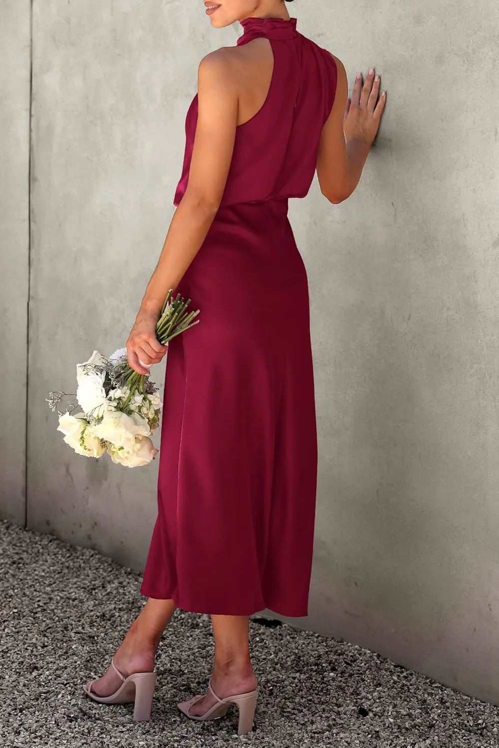 PRETTYGARDEN 2025 Women Summer Satin Dress Elegant Sleeveless Mock Neck Cocktail Party Maxi Dresses