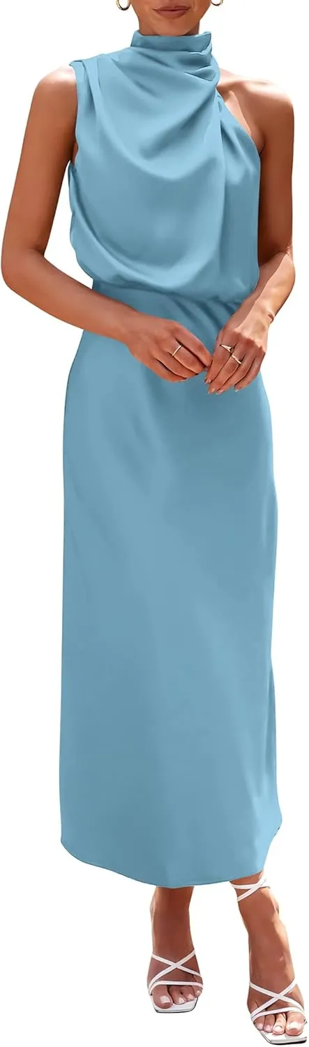 PRETTYGARDEN 2025 Women Summer Satin Dress Elegant Sleeveless Mock Neck Cocktail Party Maxi Dresses