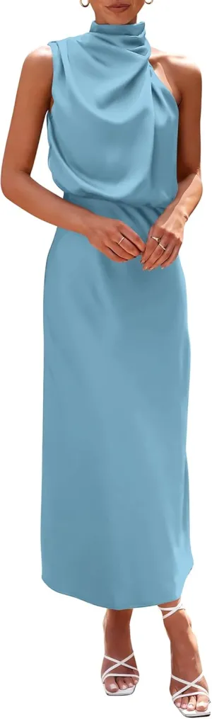 PRETTYGARDEN 2025 Women Summer Satin Dress Elegant Sleeveless Mock Neck Cocktail Party Maxi Dresses
