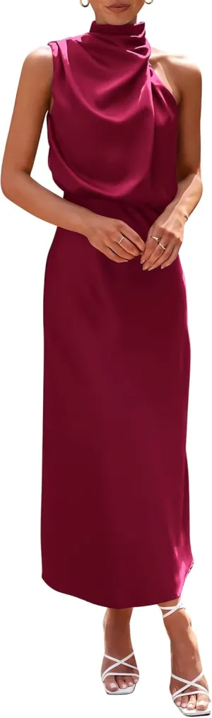 PRETTYGARDEN 2025 Women Summer Satin Dress Elegant Sleeveless Mock Neck Cocktail Party Maxi Dresses