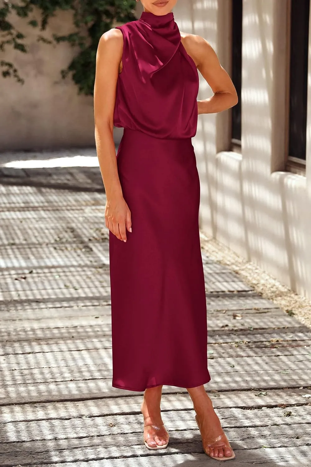 PRETTYGARDEN 2025 Women Summer Satin Dress Elegant Sleeveless Mock Neck Cocktail Party Maxi Dresses