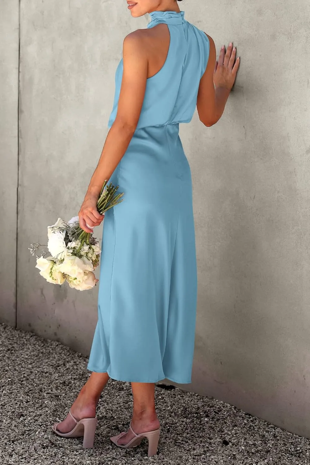 PRETTYGARDEN 2025 Women Summer Satin Dress Elegant Sleeveless Mock Neck Cocktail Party Maxi Dresses
