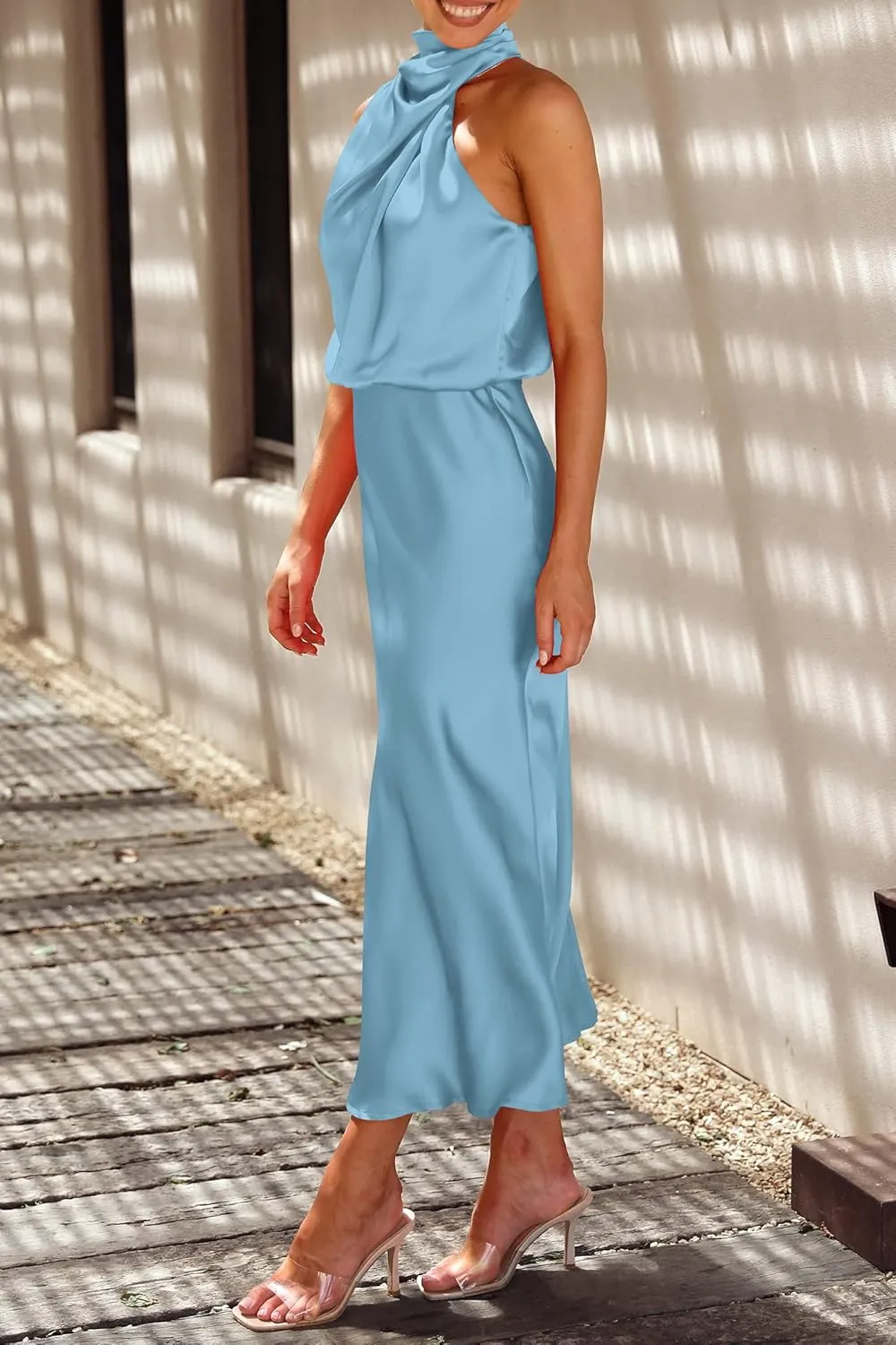 PRETTYGARDEN 2025 Women Summer Satin Dress Elegant Sleeveless Mock Neck Cocktail Party Maxi Dresses