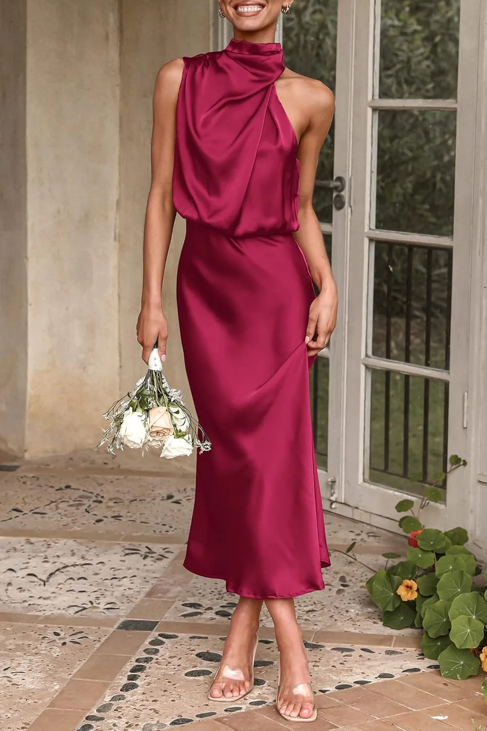 PRETTYGARDEN 2025 Women Summer Satin Dress Elegant Sleeveless Mock Neck Cocktail Party Maxi Dresses