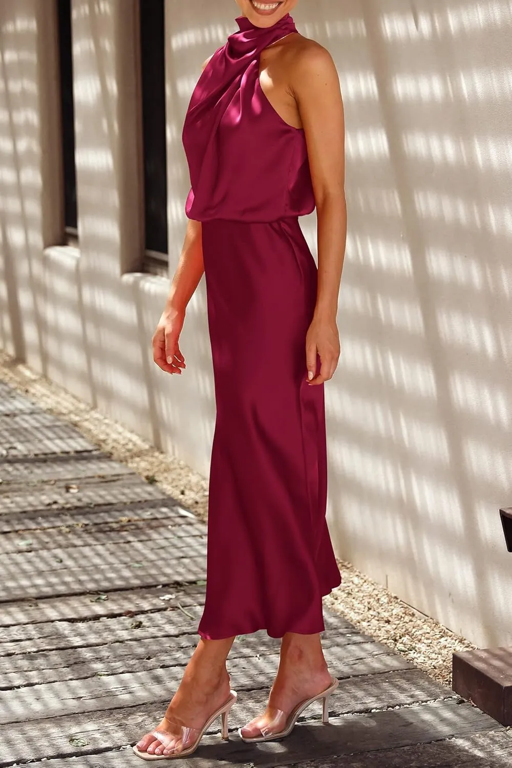 PRETTYGARDEN 2025 Women Summer Satin Dress Elegant Sleeveless Mock Neck Cocktail Party Maxi Dresses