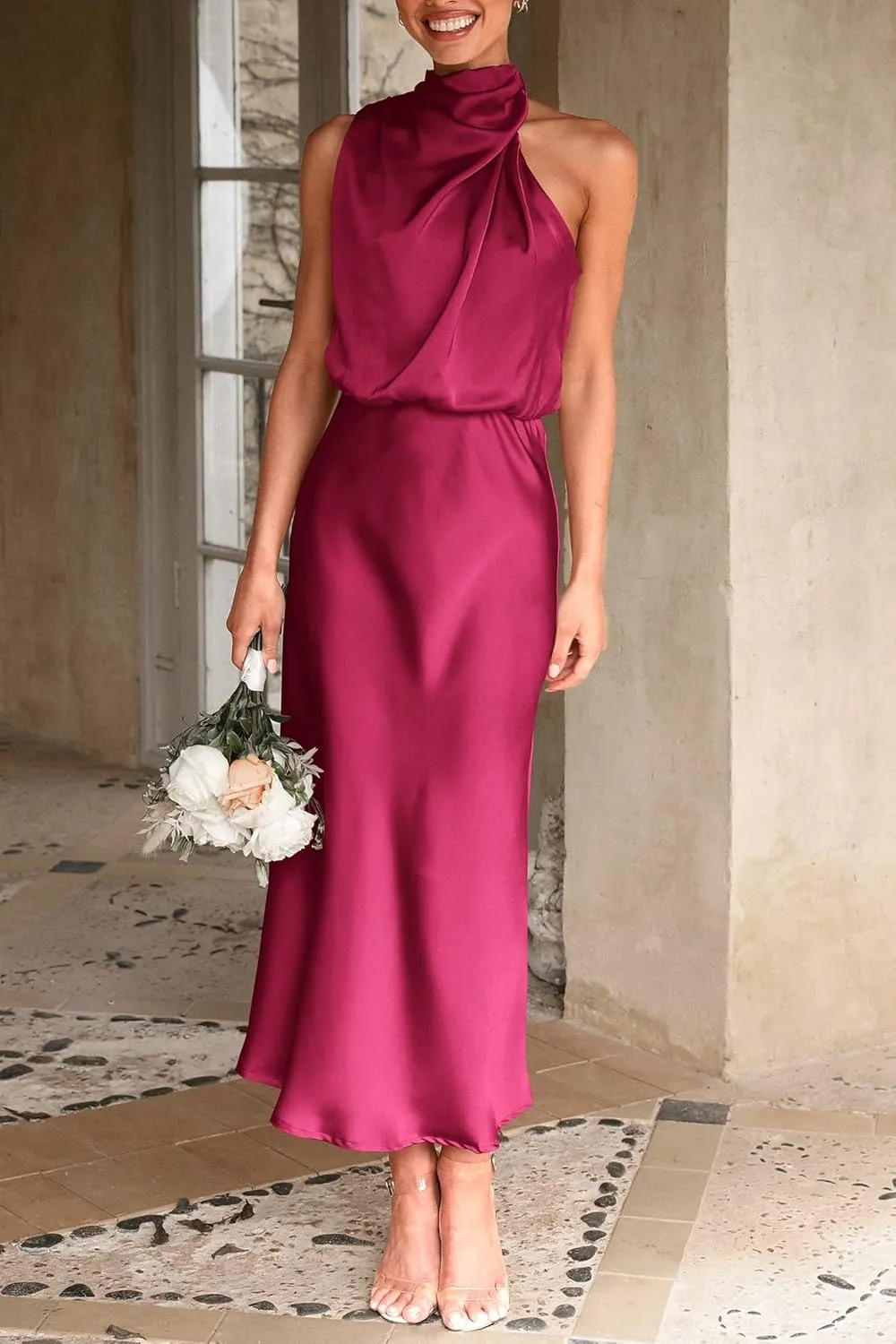 PRETTYGARDEN 2025 Women Summer Satin Dress Elegant Sleeveless Mock Neck Cocktail Party Maxi Dresses