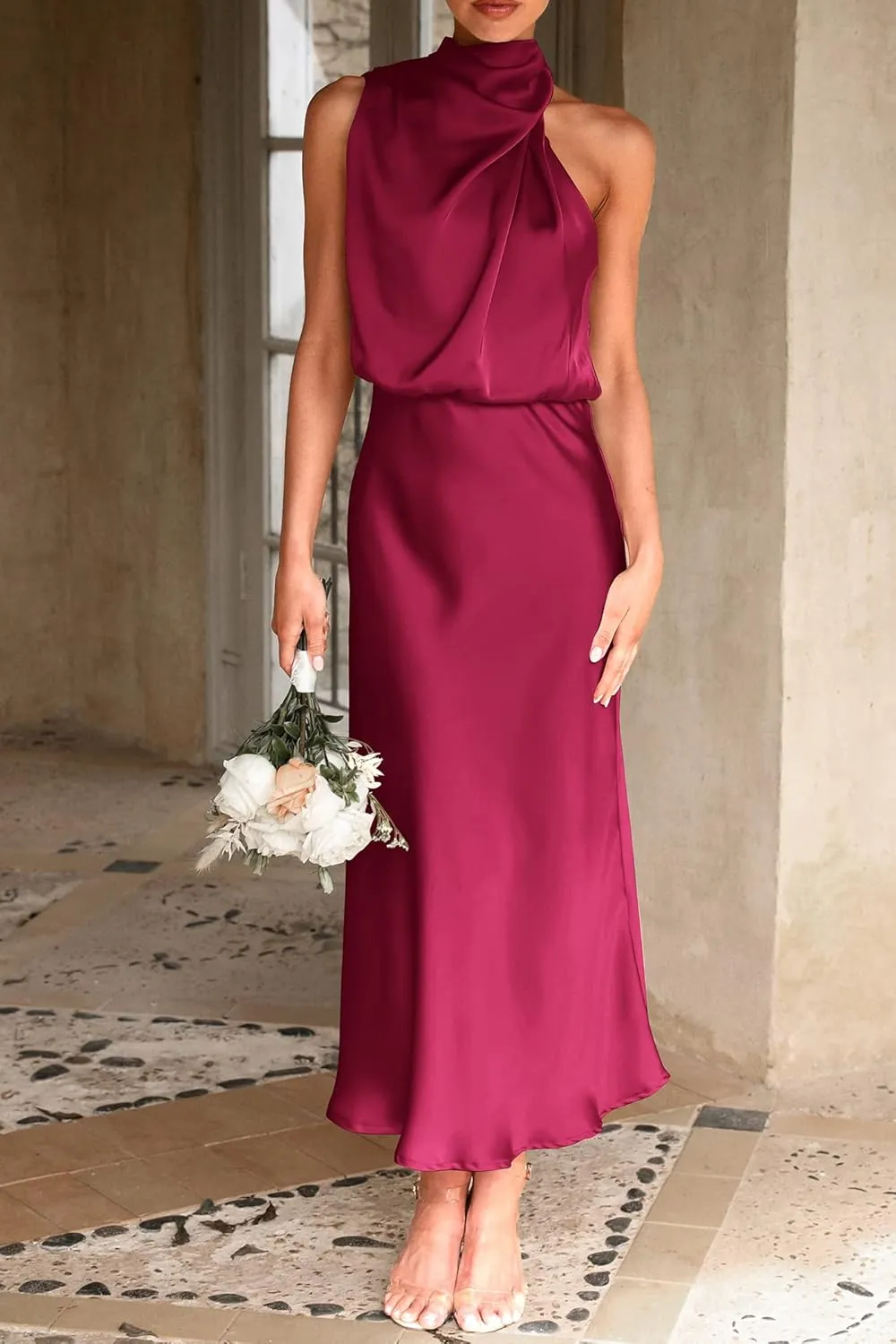 PRETTYGARDEN 2025 Women Summer Satin Dress Elegant Sleeveless Mock Neck Cocktail Party Maxi Dresses