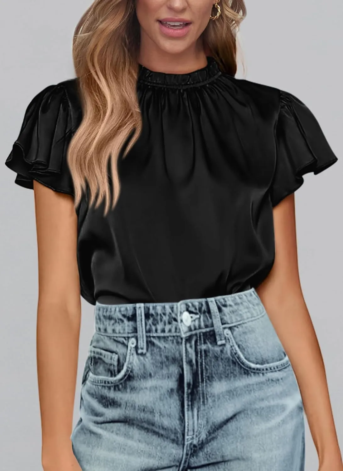 PRETTYGARDEN Business Casual Tops for Women Blouses Dressy 2025 Summer Short Sleeve Ruffle Satin Work Office Attire
