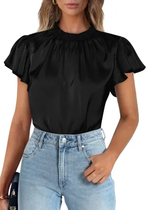 PRETTYGARDEN Business Casual Tops for Women Blouses Dressy 2025 Summer Short Sleeve Ruffle Satin Work Office Attire