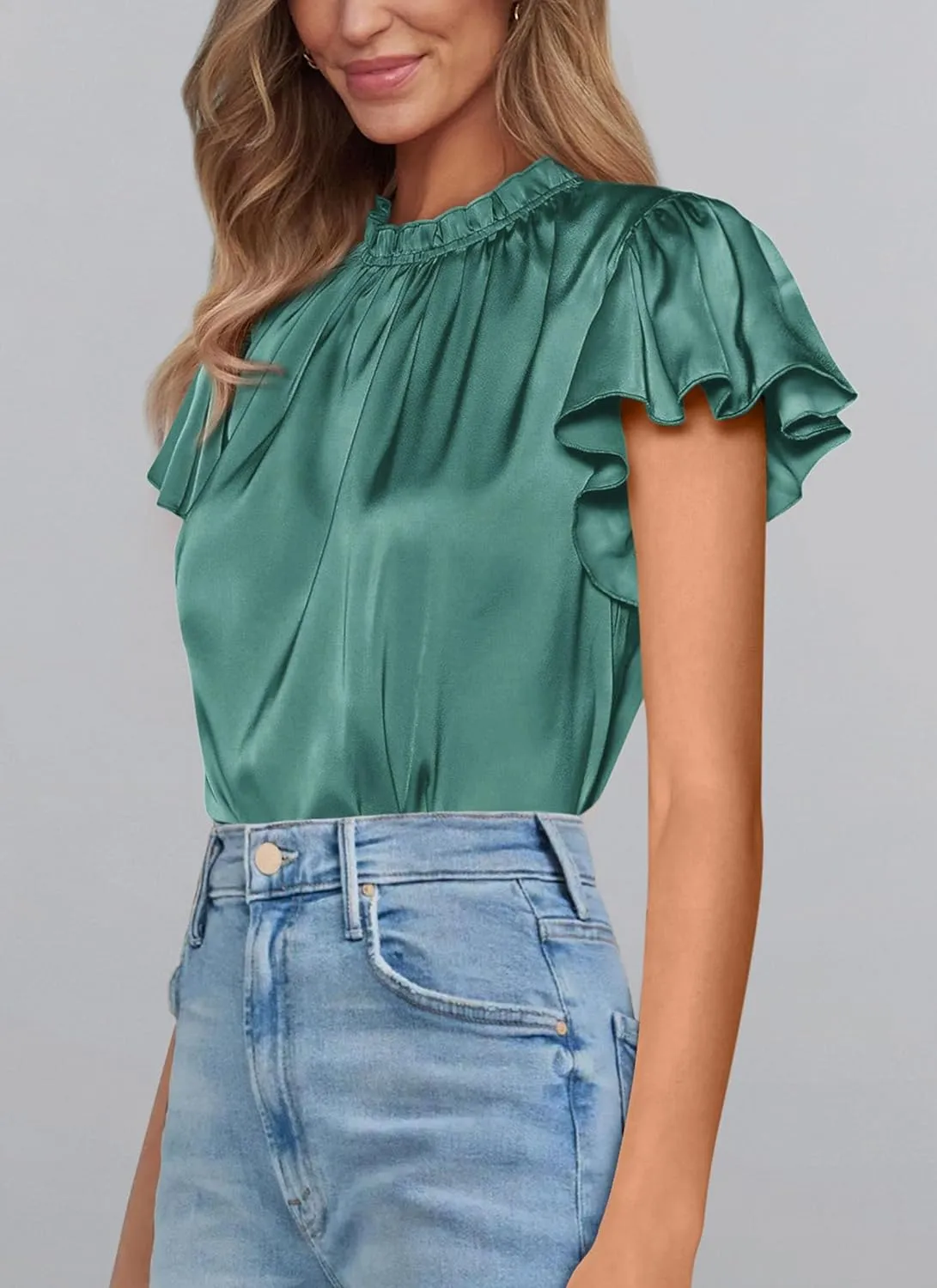 PRETTYGARDEN Business Casual Tops for Women Blouses Dressy 2025 Summer Short Sleeve Ruffle Satin Work Office Attire