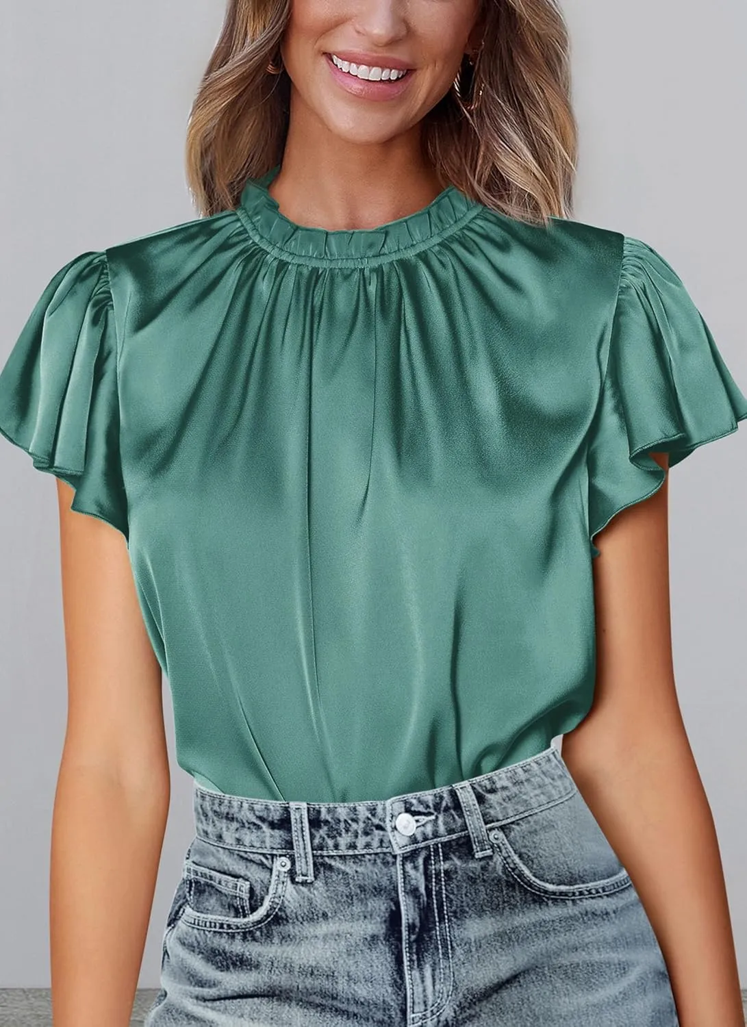 PRETTYGARDEN Business Casual Tops for Women Blouses Dressy 2025 Summer Short Sleeve Ruffle Satin Work Office Attire