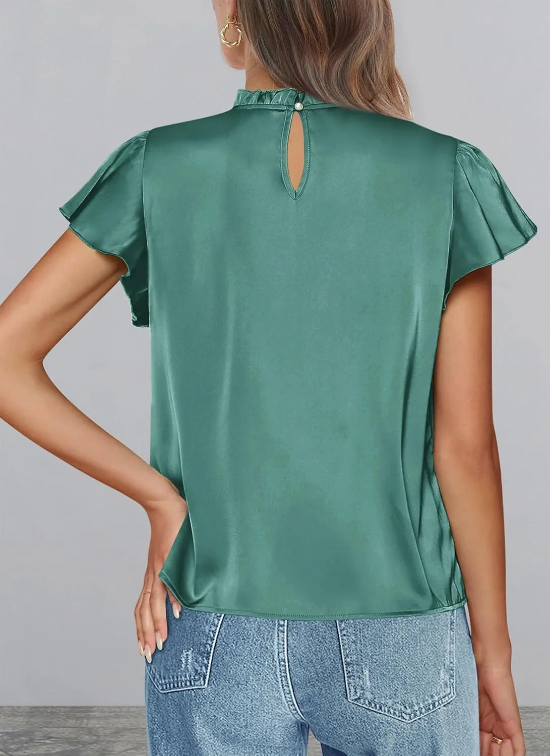 PRETTYGARDEN Business Casual Tops for Women Blouses Dressy 2025 Summer Short Sleeve Ruffle Satin Work Office Attire