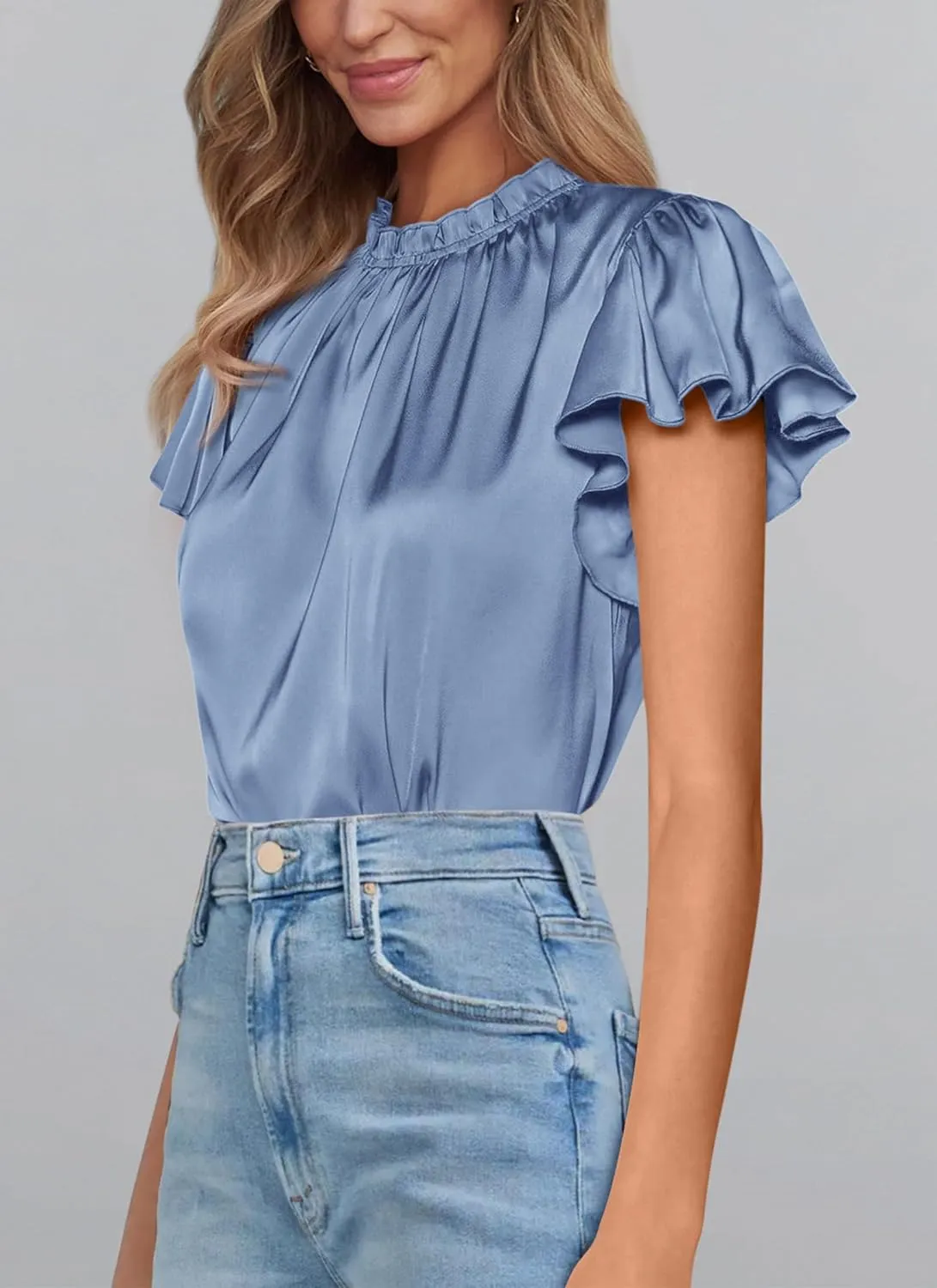 PRETTYGARDEN Business Casual Tops for Women Blouses Dressy 2025 Summer Short Sleeve Ruffle Satin Work Office Attire