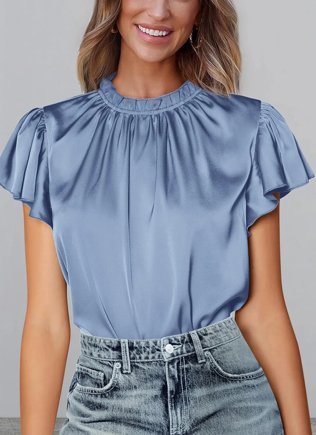 PRETTYGARDEN Business Casual Tops for Women Blouses Dressy 2025 Summer Short Sleeve Ruffle Satin Work Office Attire