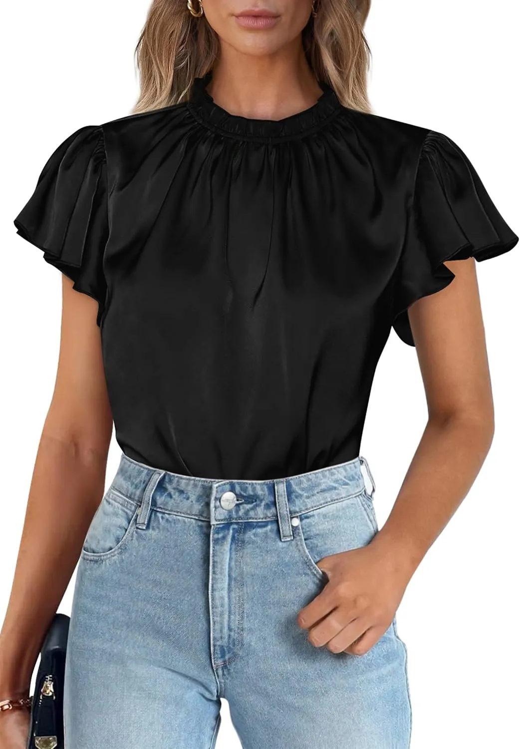 PRETTYGARDEN Business Casual Tops for Women Blouses Dressy 2025 Summer Short Sleeve Ruffle Satin Work Office Attire