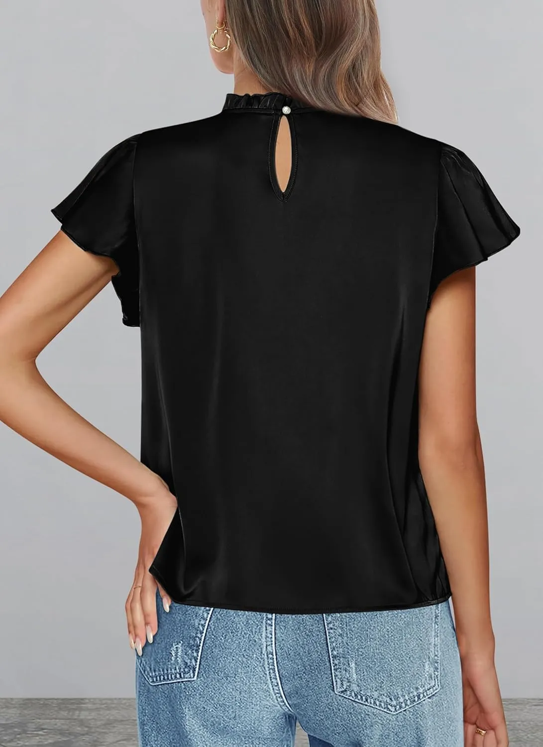 PRETTYGARDEN Business Casual Tops for Women Blouses Dressy 2025 Summer Short Sleeve Ruffle Satin Work Office Attire