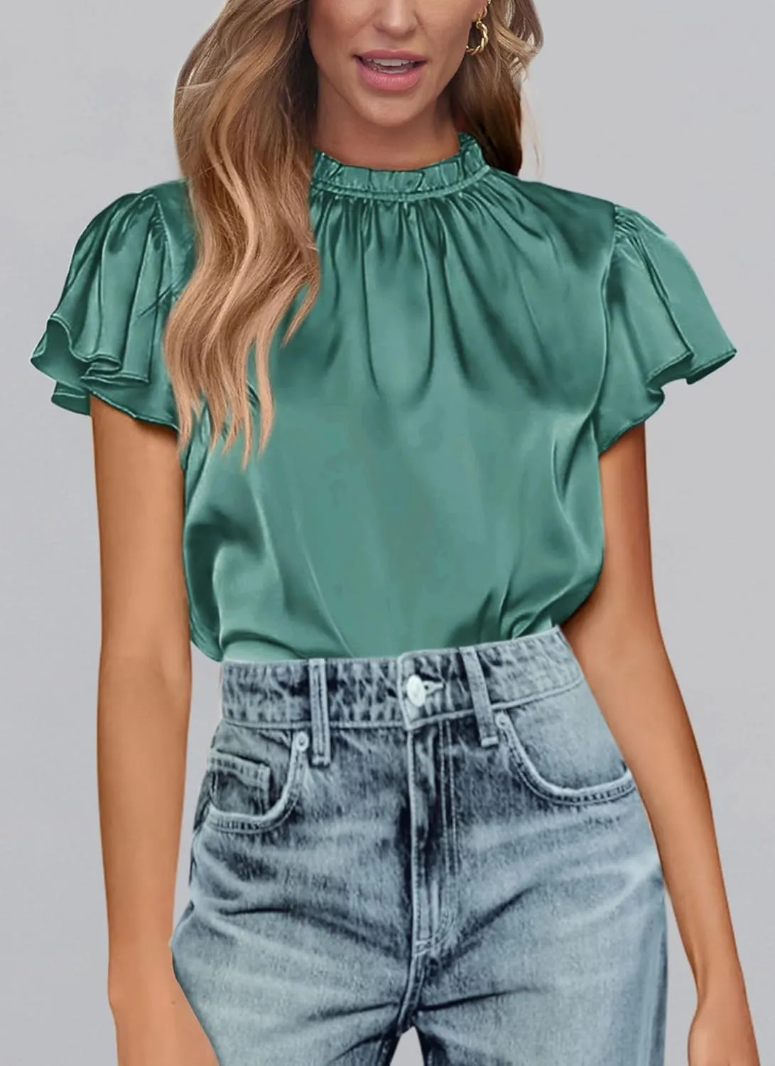 PRETTYGARDEN Business Casual Tops for Women Blouses Dressy 2025 Summer Short Sleeve Ruffle Satin Work Office Attire