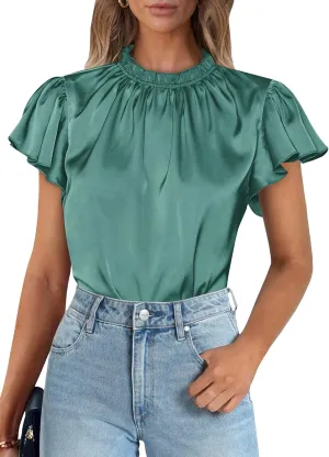 PRETTYGARDEN Business Casual Tops for Women Blouses Dressy 2025 Summer Short Sleeve Ruffle Satin Work Office Attire