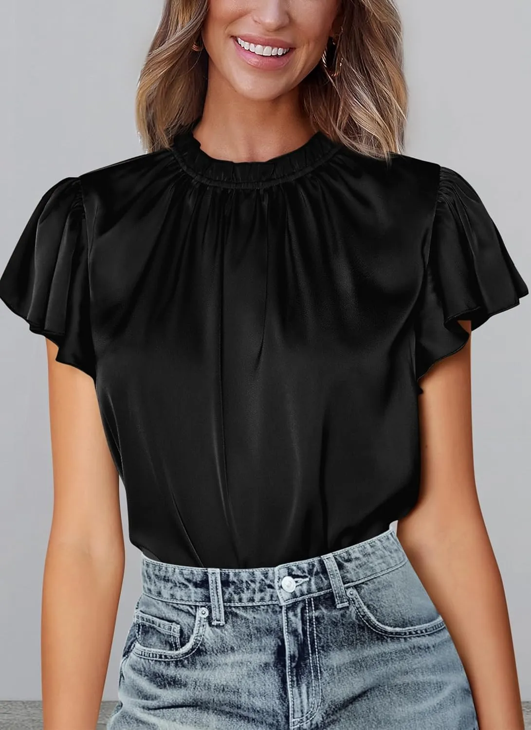 PRETTYGARDEN Business Casual Tops for Women Blouses Dressy 2025 Summer Short Sleeve Ruffle Satin Work Office Attire