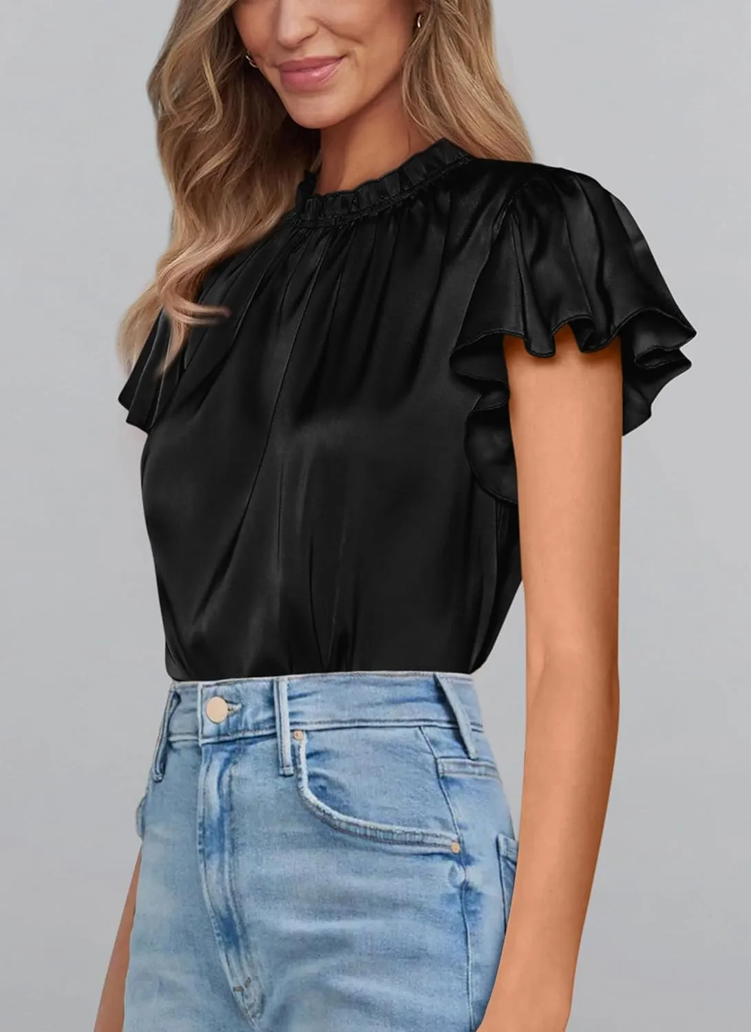 PRETTYGARDEN Business Casual Tops for Women Blouses Dressy 2025 Summer Short Sleeve Ruffle Satin Work Office Attire