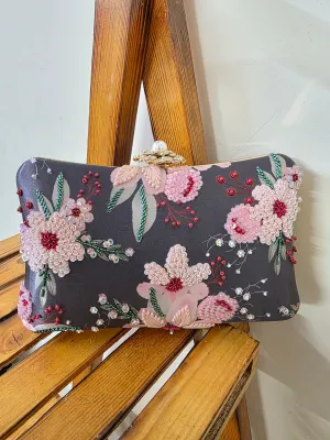 Printed embroidered clutch bag