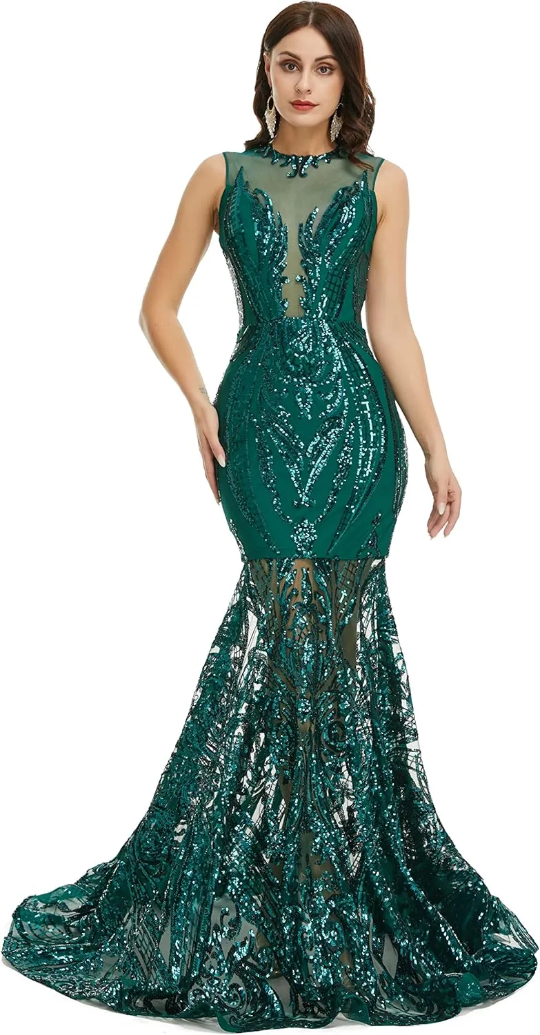 Prom Dresses Sequin Sleeveless Celebrity Gala Mermaid Formal Evening Dress