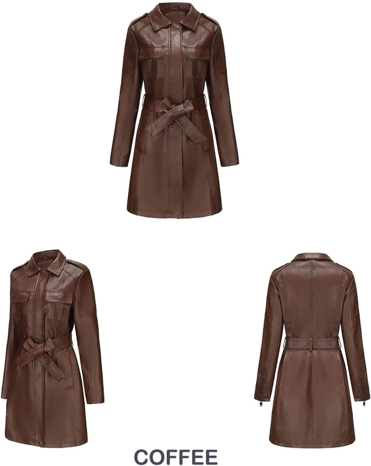 PTOLOCIF Womens PU Faux Leather Jacket Casual Lapel Long Suit Full Zip Windbreaker Fall Trench Coat Outerwear with Pockets