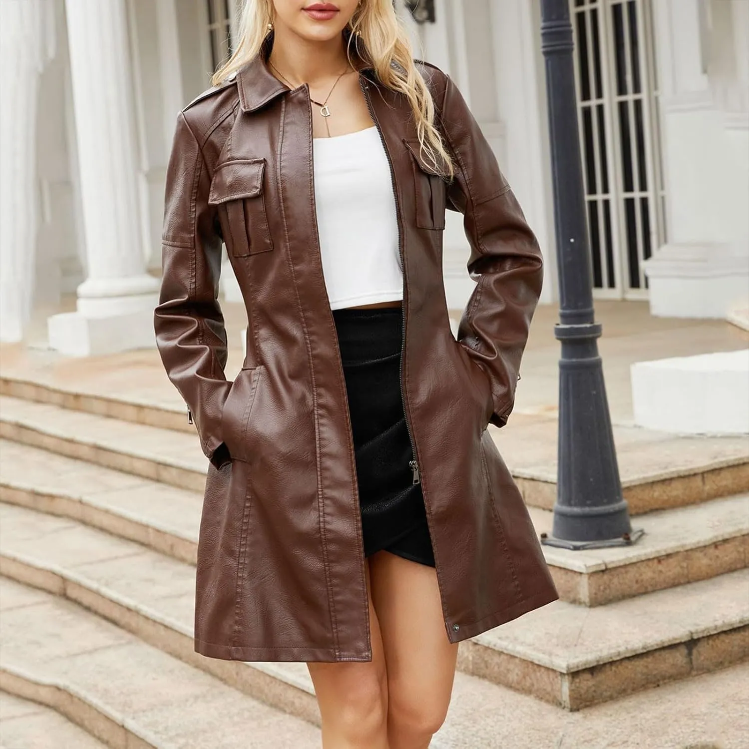 PTOLOCIF Womens PU Faux Leather Jacket Casual Lapel Long Suit Full Zip Windbreaker Fall Trench Coat Outerwear with Pockets