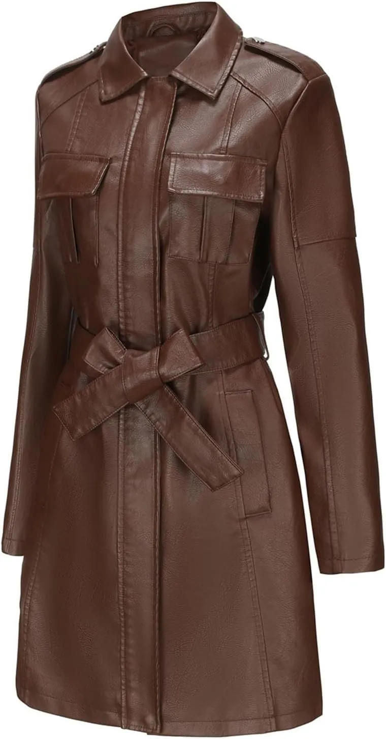 PTOLOCIF Womens PU Faux Leather Jacket Casual Lapel Long Suit Full Zip Windbreaker Fall Trench Coat Outerwear with Pockets
