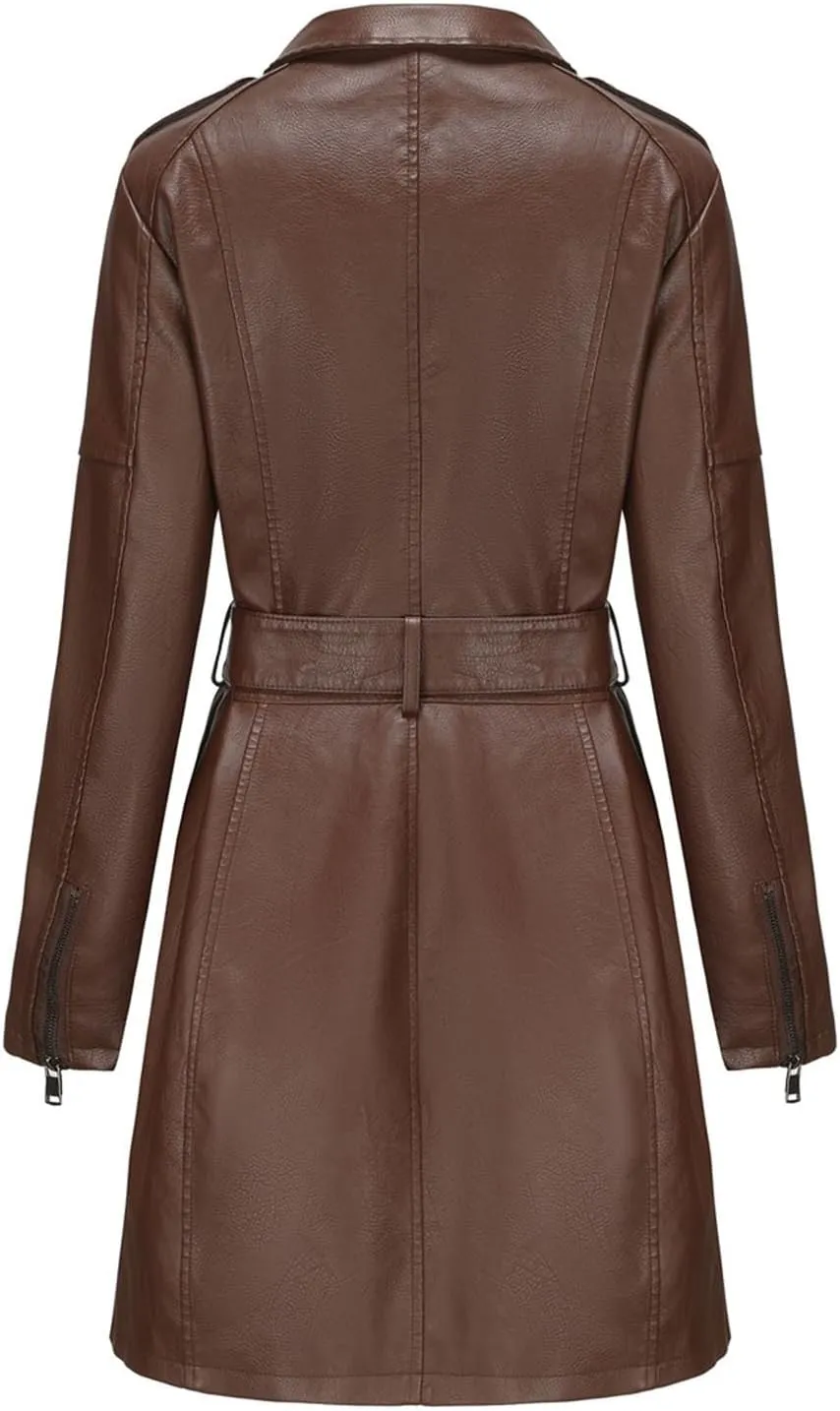 PTOLOCIF Womens PU Faux Leather Jacket Casual Lapel Long Suit Full Zip Windbreaker Fall Trench Coat Outerwear with Pockets