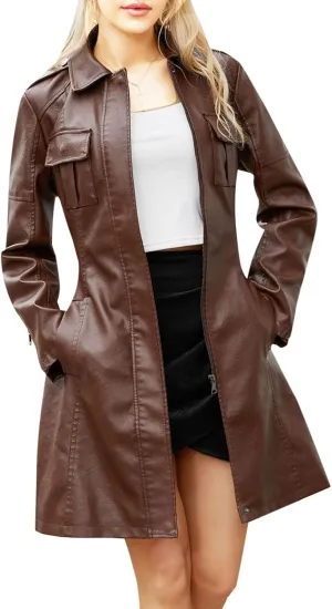 PTOLOCIF Womens PU Faux Leather Jacket Casual Lapel Long Suit Full Zip Windbreaker Fall Trench Coat Outerwear with Pockets