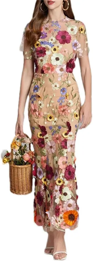 Pulcykp Women Lace Embroidery Prom Dress 3D Flower Short Sleeve Fishtail Dresses Party Bodycon Midi Dress